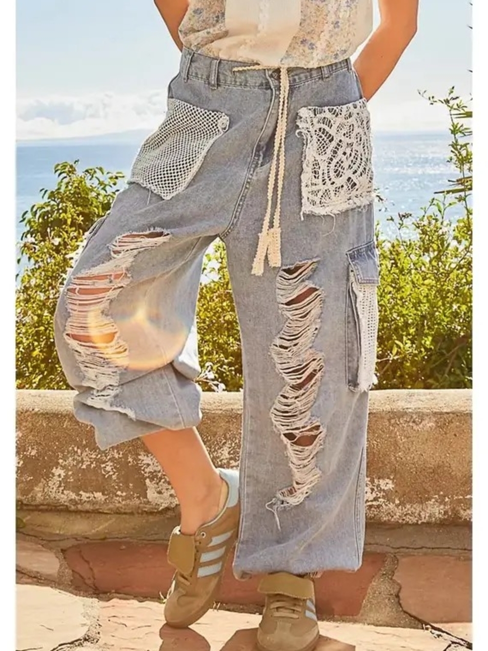 POL Boho Distressed Wide-Leg Denim Pants with Crochet Pockets Size L New